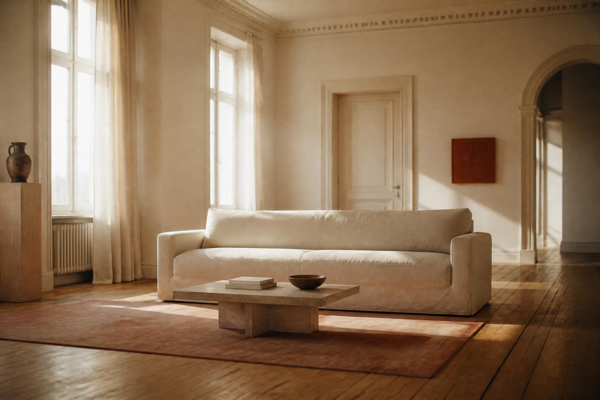 A sunlit, decluttered room with a linen sofa and warm oak floors
