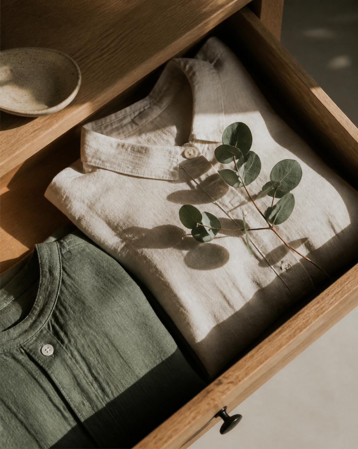 Folded linen shirts in a warm oak drawer